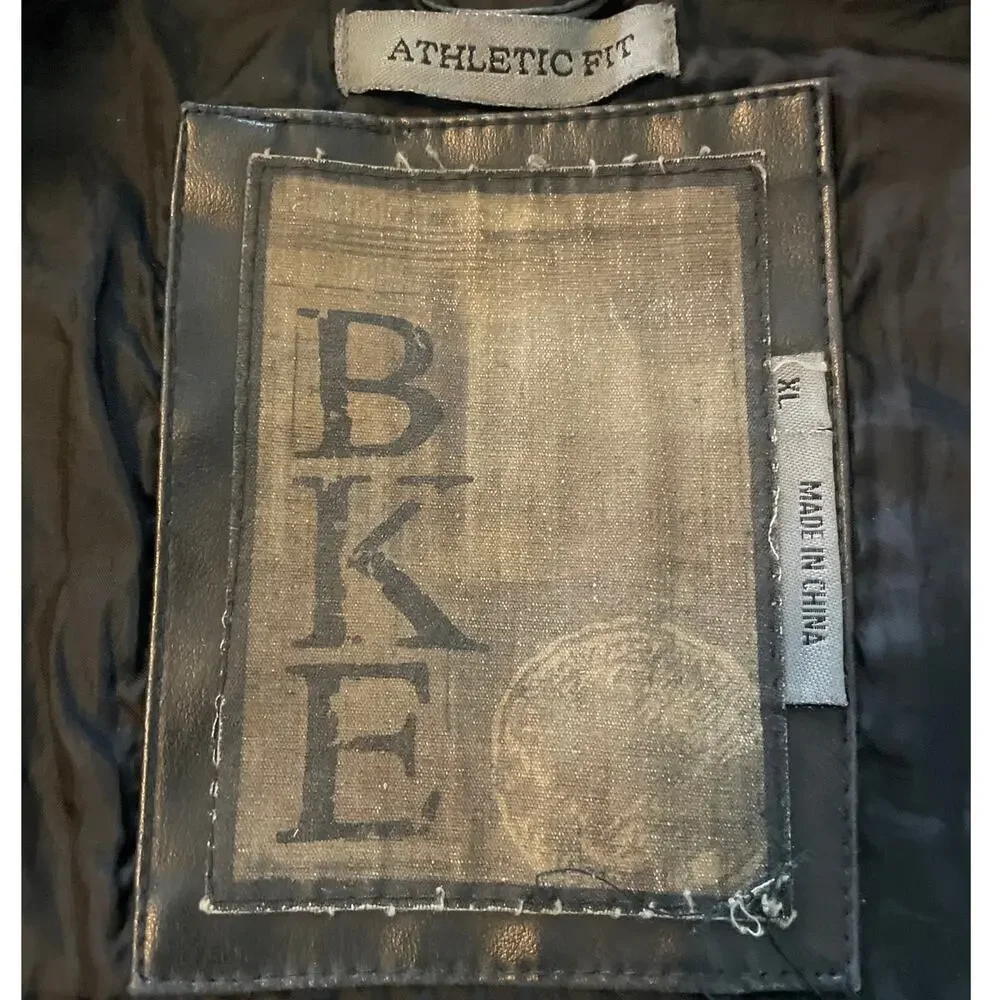BKE Mens Vtg Quality Faux Leather DK Brown LS Moto Jacket Band Collar Zip XL